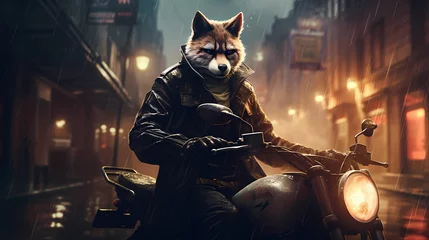 Tuinposter An urban fox wearing a leather jacket and sitting on a motorcycle ©  ALLAH LOVE