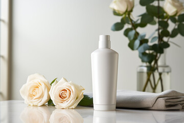 Fototapeta na wymiar A cosmetic bottle product for skin care white mockup. rose natural cosmetics. AI