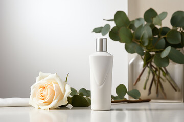 A cosmetic bottle product for skin care white mockup. rose natural cosmetics. AI
