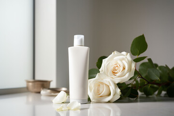 Obraz na płótnie Canvas A cosmetic bottle product for skin care white mockup. rose natural cosmetics. AI