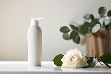 Fototapeta na wymiar A cosmetic bottle product for skin care white mockup. rose natural cosmetics. AI