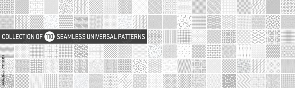 Aufkleber Big collection of vector seamless geometric minimalistic patterns in different styles. Monochrome repeatable unusual backgrounds. Endless gray and white prints, modern textile textures