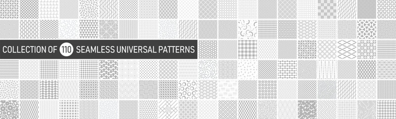 Big collection of vector seamless geometric minimalistic patterns in different styles. Monochrome repeatable unusual backgrounds. Endless gray and white prints, modern textile textures