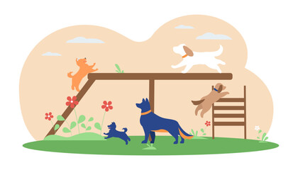 Dogs and puppies playing in playground vector illustration. National puppy day banner design. Domestic animal, caring for pets concept 