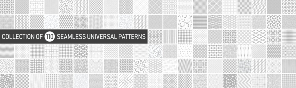 Big collection of vector seamless geometric minimalistic patterns in different styles. Monochrome repeatable unusual backgrounds. Endless gray and white prints, modern textile textures