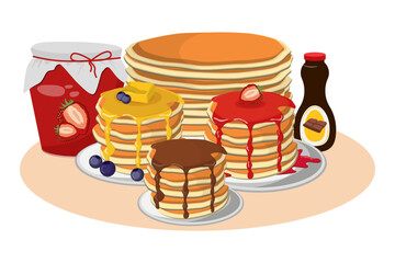 Tasty pancakes with chocolate syrup, butter and strawberry jam. Vector illustration. Celebration of pancake day, delights, cooking concept