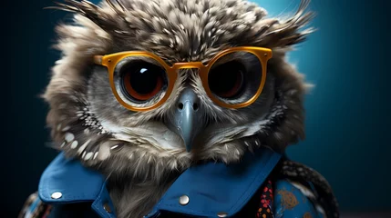 Tuinposter A chic owl wears a fashionable dress and accessorizes with oversized round glasses. With a wise yet trendy demeanor, it perches gracefully against a solid background, capturing attention  ©  ALLAH LOVE