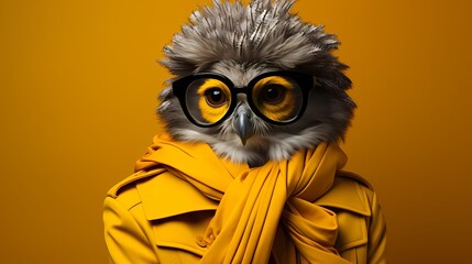 A chic owl wears a fashionable dress and accessorizes with oversized round glasses. With a wise yet trendy demeanor, it perches gracefully against a solid background, capturing attention 