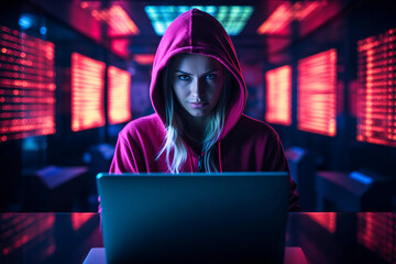 Young woman with a hood on her head in front of laptop screen. Cyber crime concept, hacker, network...