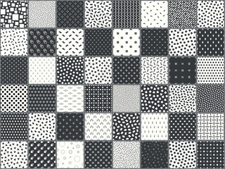 Collection of seamless monochrome geometric patterns. Minimalistic endless gray backgrounds. Trendy textile prints with symbols - 733134336