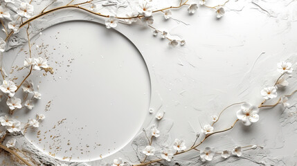 White round frame with small delicate white flowers on white background. wedding cards, bridal shower or other party invitation cards, Place for text. Flat lay, top view.