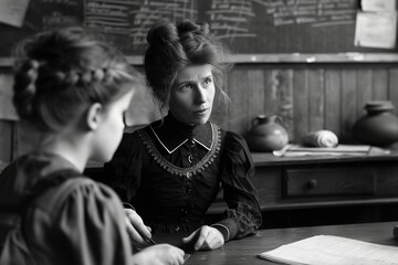Two Women Sitting at a Table in Front of a Blackboard