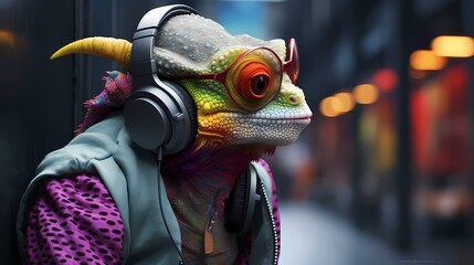 A cool chameleon with color-coordinated attire, blending into an urban environment, listening to a...