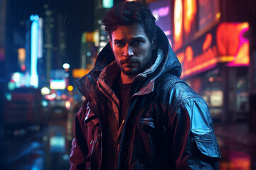 Fototapeta na wymiar A man in futuristic city gangster look in a cyberpunk neon painting. generated by AI.