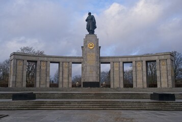 Berlin, Germany - Jan 14, 2024: Soviet War Memorial (Tiergarten). Here rest an estimated 2,000 to 2,500 Soviet soldiers who did not survive to the Battle for Berlin. Cloudy winter day Selective focus