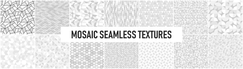 Collection of white and gray seamless decorative mosaic geometric textures. Tile repeatable backgrounds. Endless elegant patterns. Ceramic design - 733135196