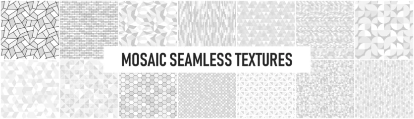 Tuinposter Collection of white and gray seamless decorative mosaic geometric textures. Tile repeatable backgrounds. Endless elegant patterns. Ceramic design © ExpressVectors