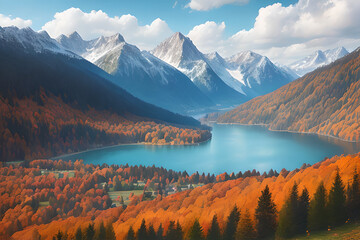 autumn scene of hintersee lake colorful morning view of Bavarian alps on the Austrian background