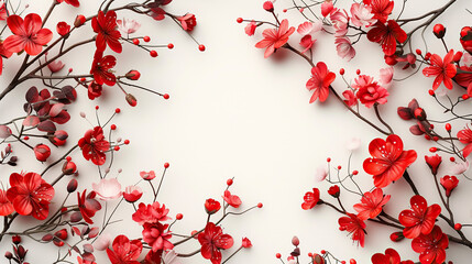  red floral cards for wedding and valentines day with beautiful branches , birthdays and greetings , blank middle space	
