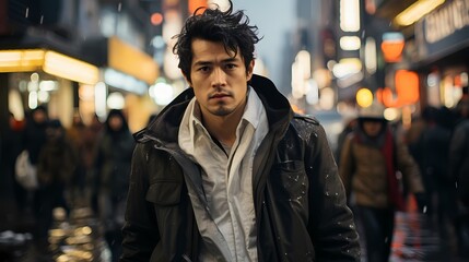 A dynamic capture of a Japanese male model walking briskly across a busy intersection, taken from a handheld HD camera, emphasizing his confident stride and fashionable ensemble