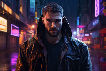 Fototapeta premium A man in futuristic city gangster look in a cyberpunk neon painting. generated by AI.
