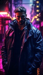 Fototapeta na wymiar A man in futuristic city gangster look in a cyberpunk neon painting. generated by AI.
