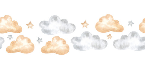 Cloud seamless border watercolor frame illustration. Sky and stars pattern for baby room. Hand drawn template on isolated background. Lullaby and nursery design, wall art stickers and wallpaper © Elena