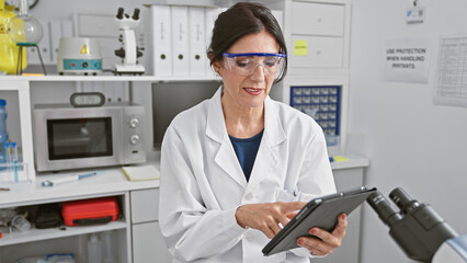 Mature woman scientist in lab coat using tablet in laboratory environment, portraying healthcare research.