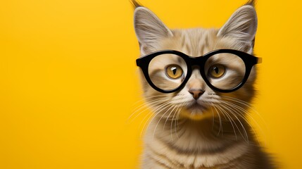 A cute kitten wears a chic ensemble and stylish eyeglasses, showcasing its fashion-forward attitude against a solid bright yellow background. Its adorable appearance and trendy accessories melt hearts