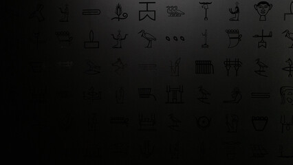 Dark background wallpaper of ancient Egyptian hieroglyphs on clean wall with natural neutral...