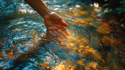 hand gently touching water in river flow
