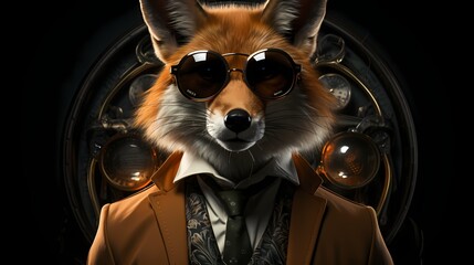 A dapper fox dressed in a sharp suit and wearing stylish glasses stands confidently in front of a solid background, exuding an air of sophistication and charm