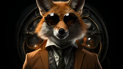 Tuinposter A dapper fox dressed in a sharp suit and wearing stylish glasses stands confidently in front of a solid background, exuding an air of sophistication and charm ©  ALLAH LOVE