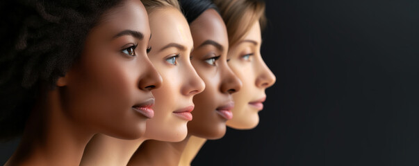 Profiles of four beautiful women with different skin tones, on plain solid background. Diversity,...