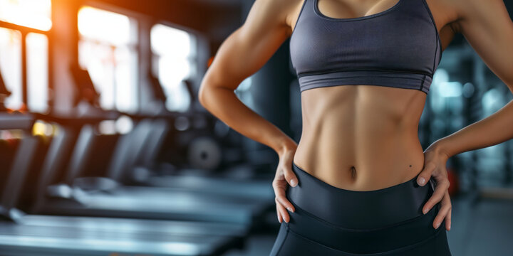 Fit woman's waist with visible well defined abdominal muscles. Confident young woman wearing a sport tank top standing alone in a gym after a workout session.