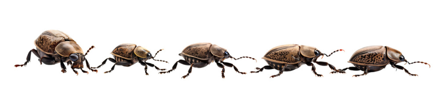 Five weevil crawling, png file of isolated cutout on transparent background