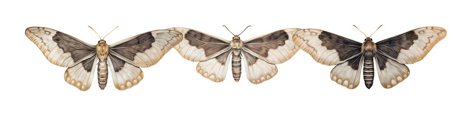 Three moth, top view, isolated on transparent background