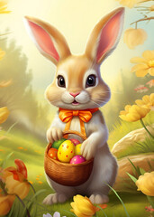 Cute Easter Bunny with Basket Easter Eggs