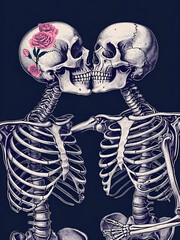 Valentines Day with Skeleton lovers couple kissing