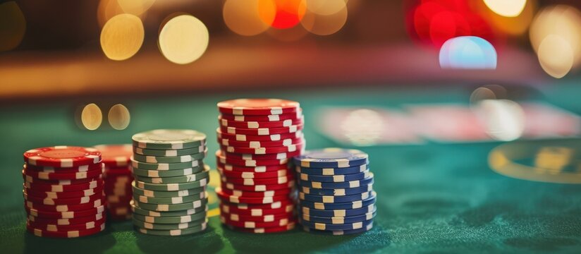 Close up of stack poker chips on a casino poker table in the bur background. Generated AI image