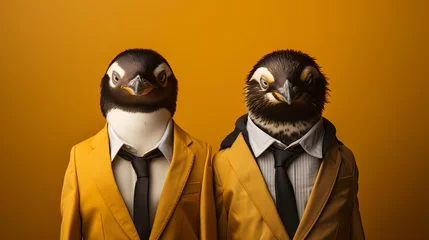 Foto op Plexiglas A dapper penguin stands tall in a sleek blazer and fashionable eyeglasses against a solid yellow background. The high-definition camera captures its modern and refined fashion choices  ©  ALLAH LOVE