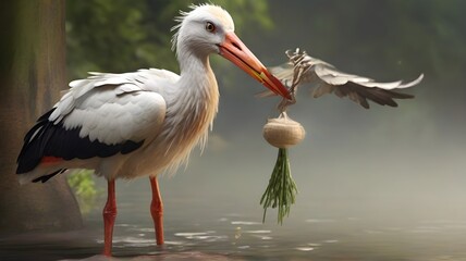 White stork with a ball in its beak and an eel