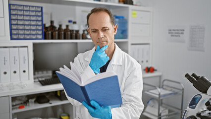 Handsome hispanic middle age man, a serious scientist, engrossed in reading a medical book, deeply...