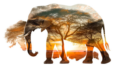 Double Exposure Artwork of African Elephant with Savannah Sunset Treescape - Powered by Adobe