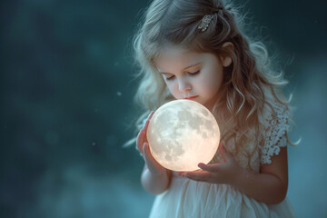 Naklejka premium Cute little girl holding a moon in her hands.