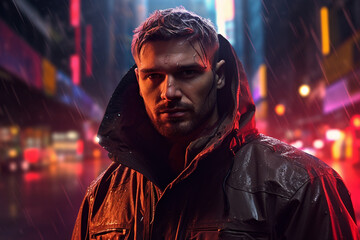A man in futuristic city gangster look in a cyberpunk neon painting. generated by AI.