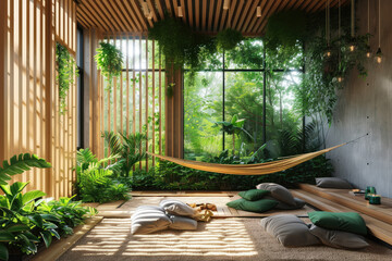 interior of a modern eco house with many green plants and a hammock
