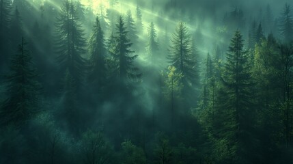 A tranquil forest scene. Evergreen trees shrouded in a misty atmosphere with rays of light filtering through the canopy - obrazy, fototapety, plakaty