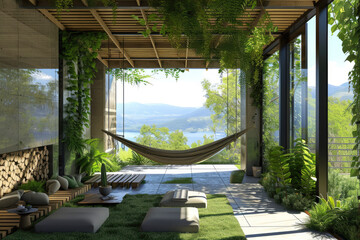 interior of a modern eco house with many green plants and large panoramic windows