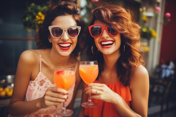 Happy female friends meeting outdoors, having fun at cafe shop - millennial women socializing